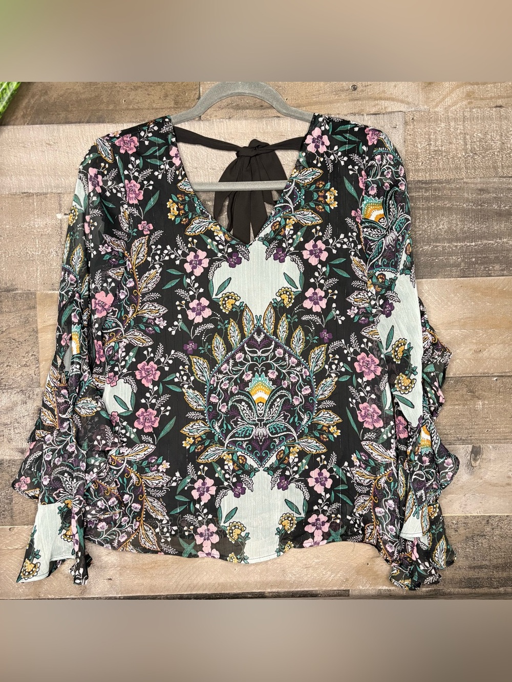 A. Byer Black Floral V-Neck Tie-Back Blouse with Mint & Pink Accents